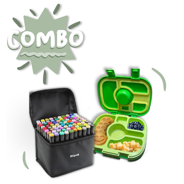 Combo Set 80 Plumones doble punta + Box lonch tipo bento